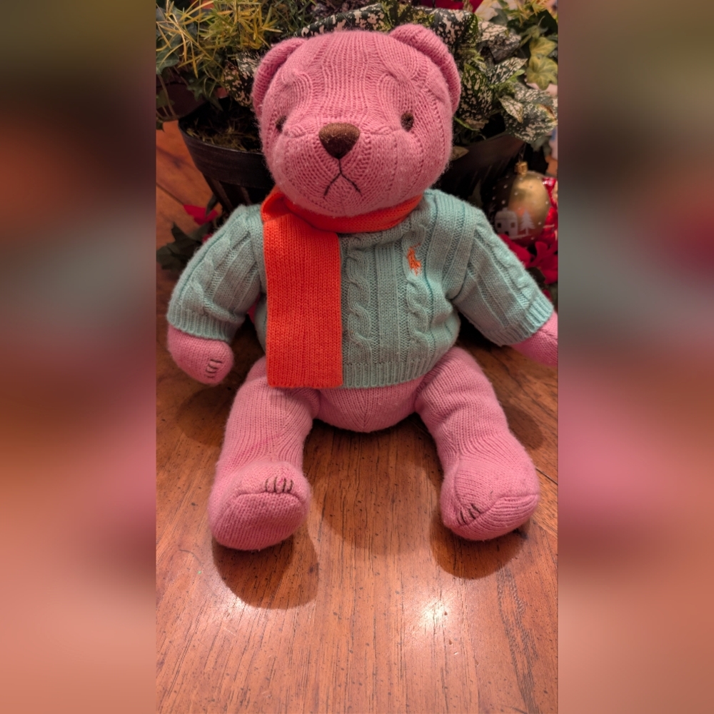VTG 2004 Ralph Lauren Pink Cable Knit Polo Bear Teal Sweater - Picture 9 of 9